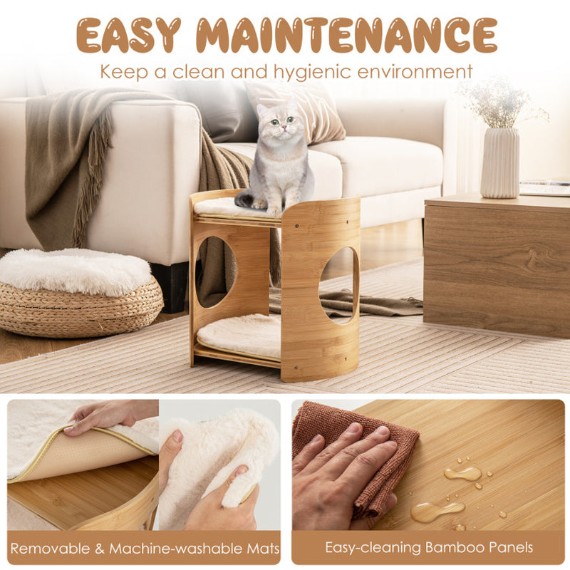 2-Tier Cute Small Cat Tree for Indoor Cats with Natural Bamboo Frame