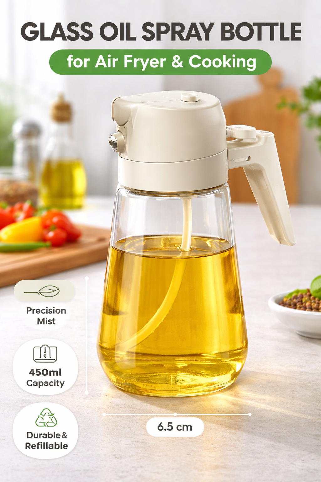 Glass Oil Spray Bottle for Air Fryer & Cooking – 450ml