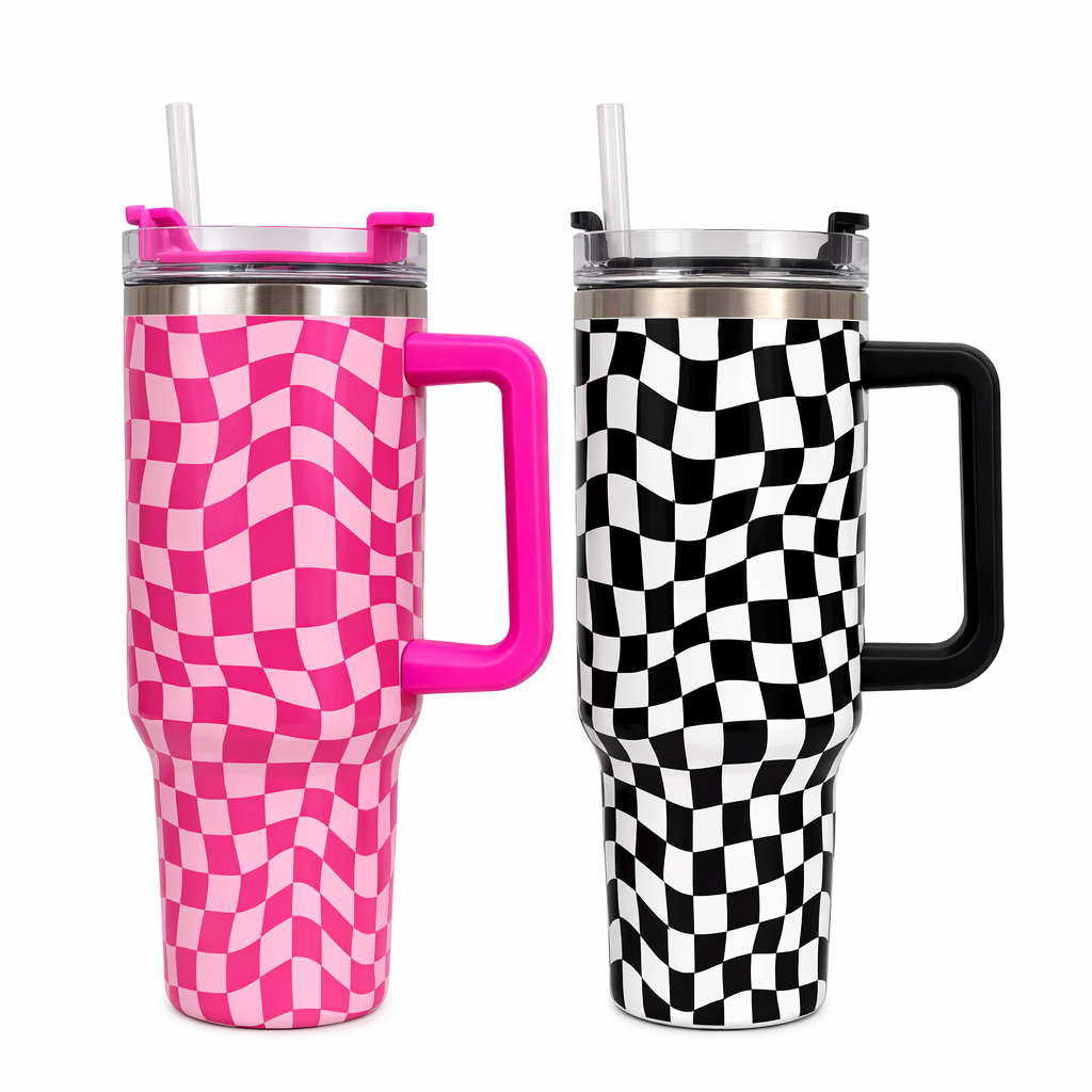 Checker Pattern Tumbler 40oz – Large Handle Travel Cup