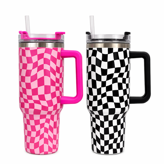 Checker Pattern Tumbler 40oz – Large Handle Travel Cup