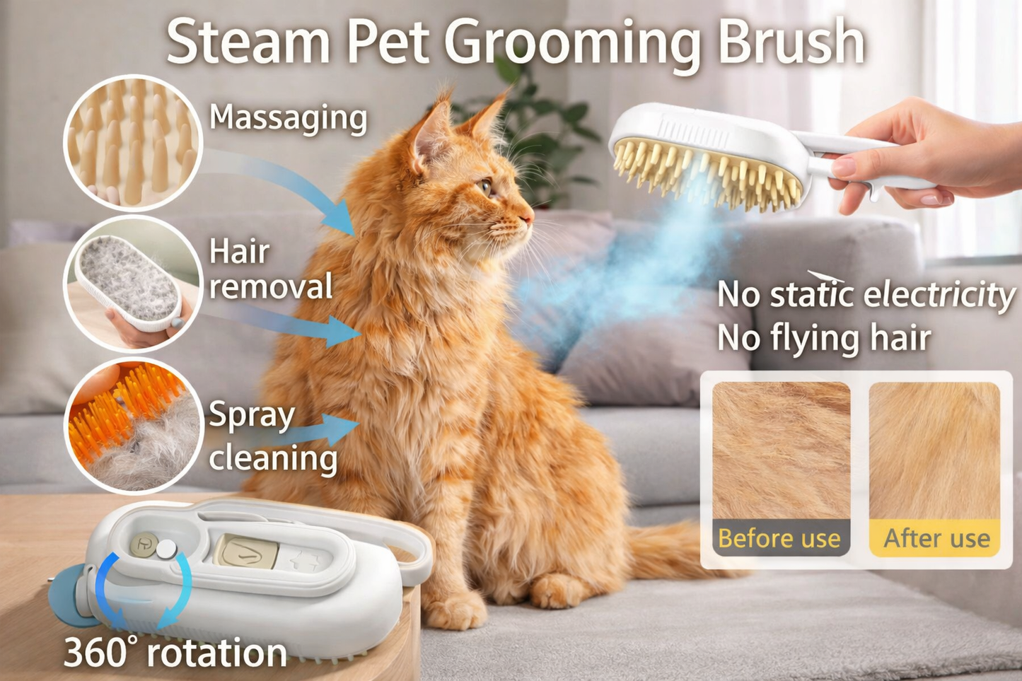 Steam Pet Grooming Brush – Spray Deshedding Brush for Cats & Dogs
