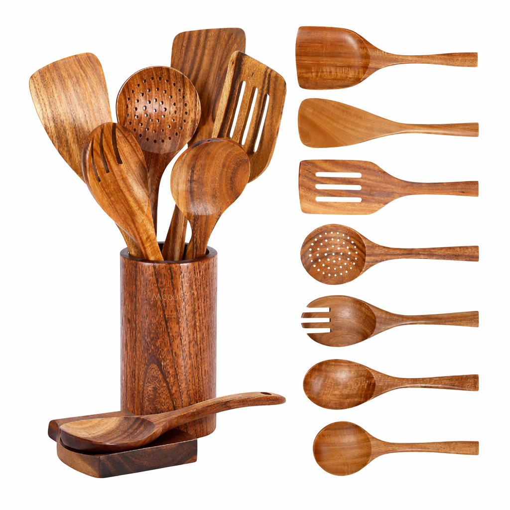 Teak Wood Kitchen Utensil Set – 9 Piece with Holder