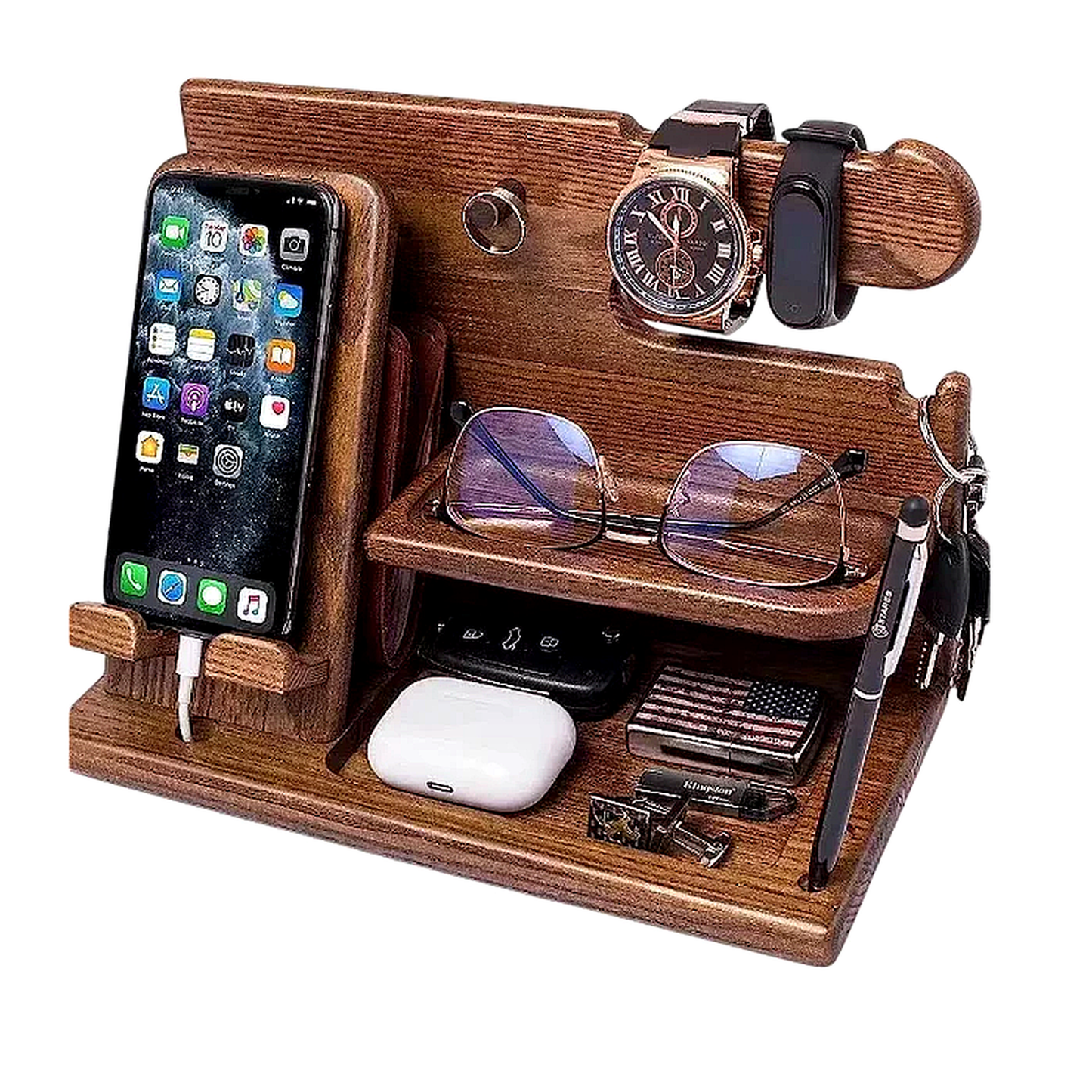 Wood Phone Docking Station with Drawer – Bedside Organizer Stand