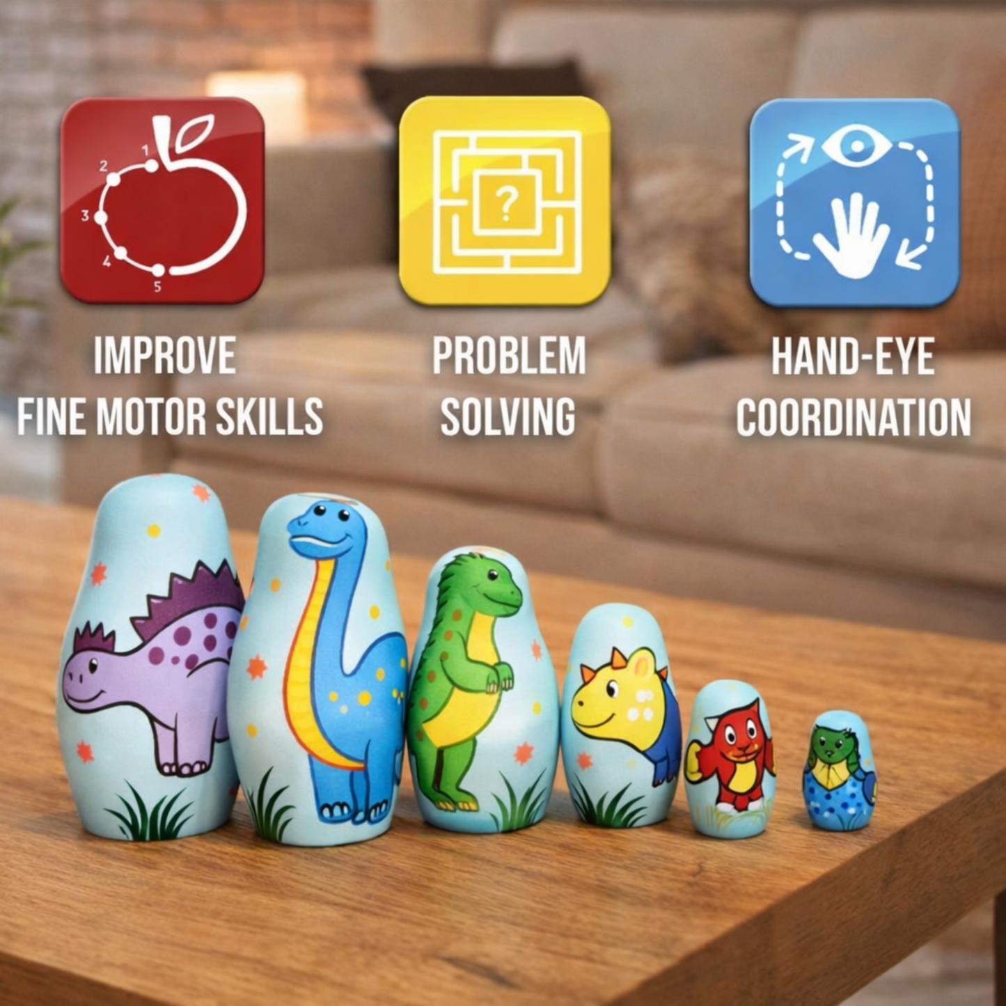 Wooden Dinosaur Nesting Dolls Set for Kids Learning & Play