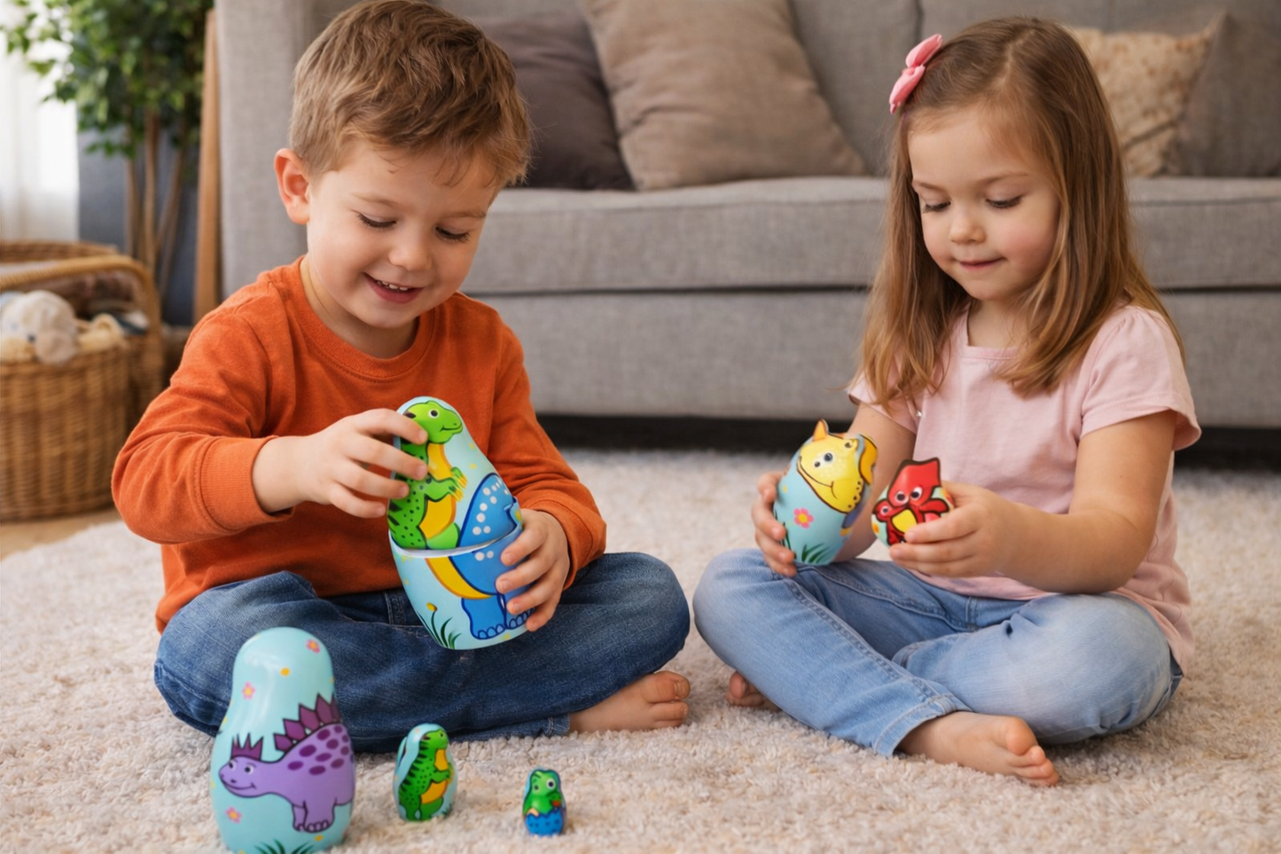 Wooden Dinosaur Nesting Dolls Set for Kids Learning & Play