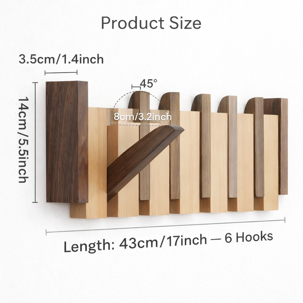 Wooden Wall Coat Rack with Magnetic Hooks – Space Saving